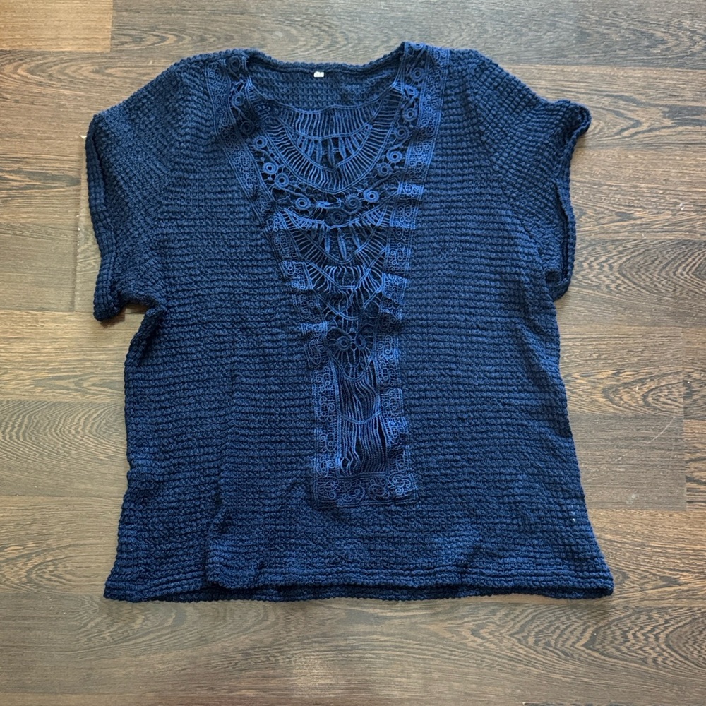 Waffle Knit Crochet Lace Short Sleeve Top Navy XL